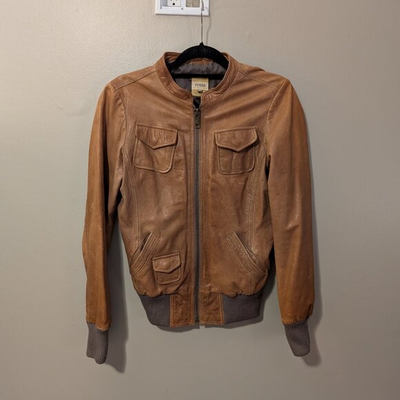 Fossil Womens Leather Bomber Jacket Brown Size Small Front Pockets Ribbed Trim - Picture 2 of 13